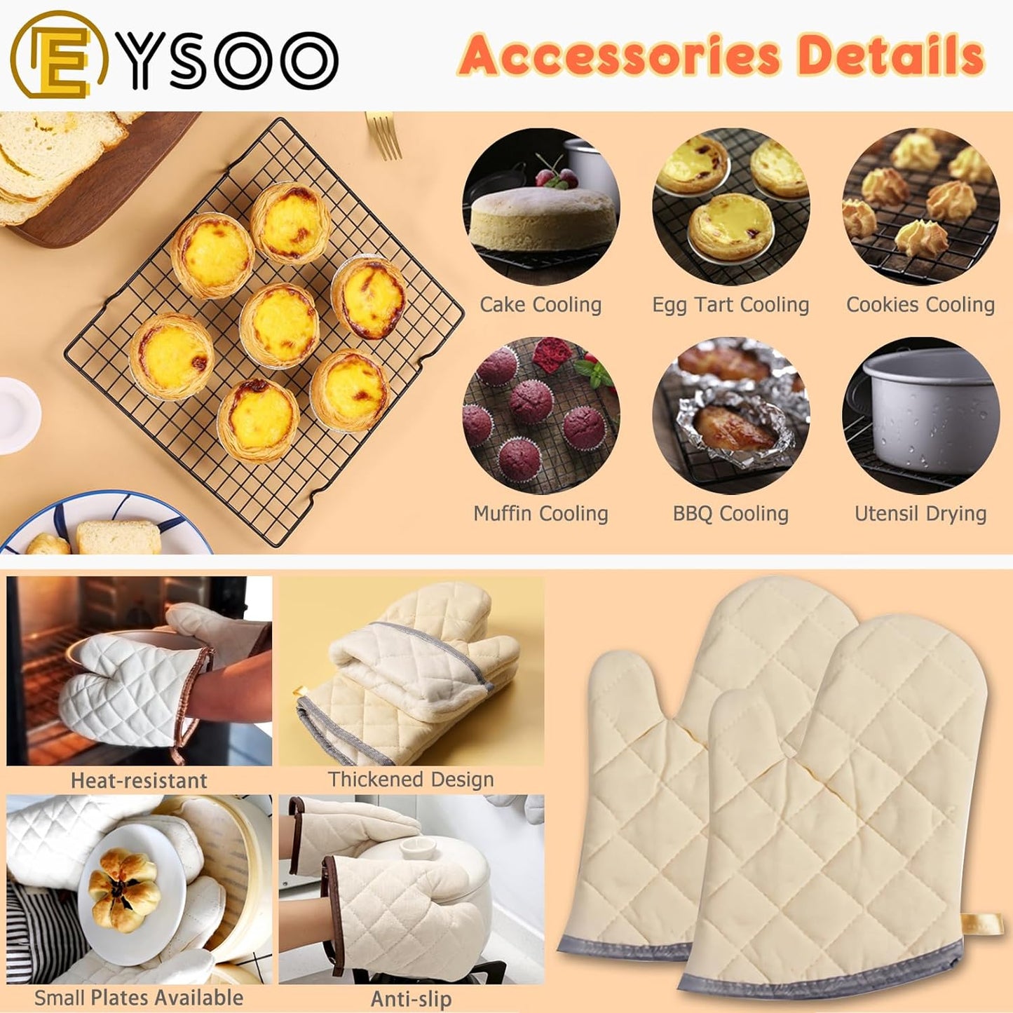 EYSOO Nonstick Bakeware Set 7 Pcs Baking Pans Set- Pizza Tray, Round/Square Pans, Loaf Pan, 6-Cup Muffin Pan Carbon Steel Baking Trays Oven Trays for Bakers Beginners with Rack & Cotton Gloves