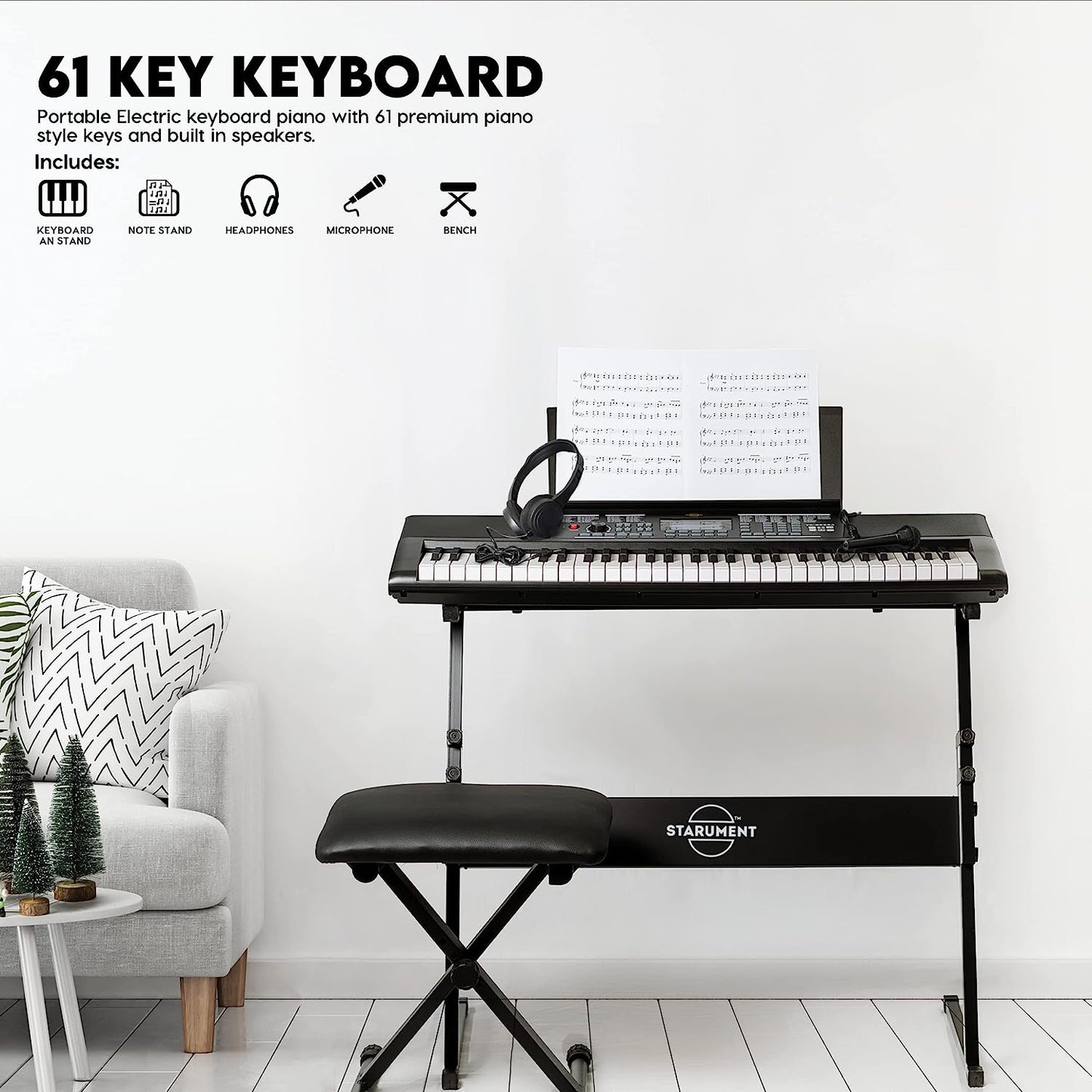 starument Portable Electiric keyboard piano with 61 premium piano style keys and built in dual speakers with keybooard stand, note stand, hadphones, microphone, banch