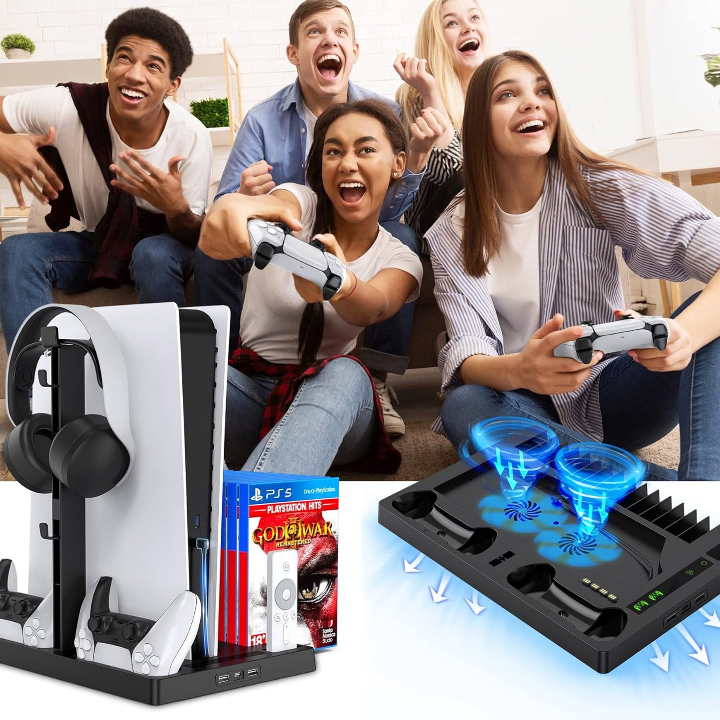 BSOON Vertical Stand with Cooling Fan,PS5 Accessories for PS5 Games & Playstation 5 Console, Built-in Headset Holder, Dual Controller Chargers, 15 Game Disc Slots and 1 Media Remote Organizer
