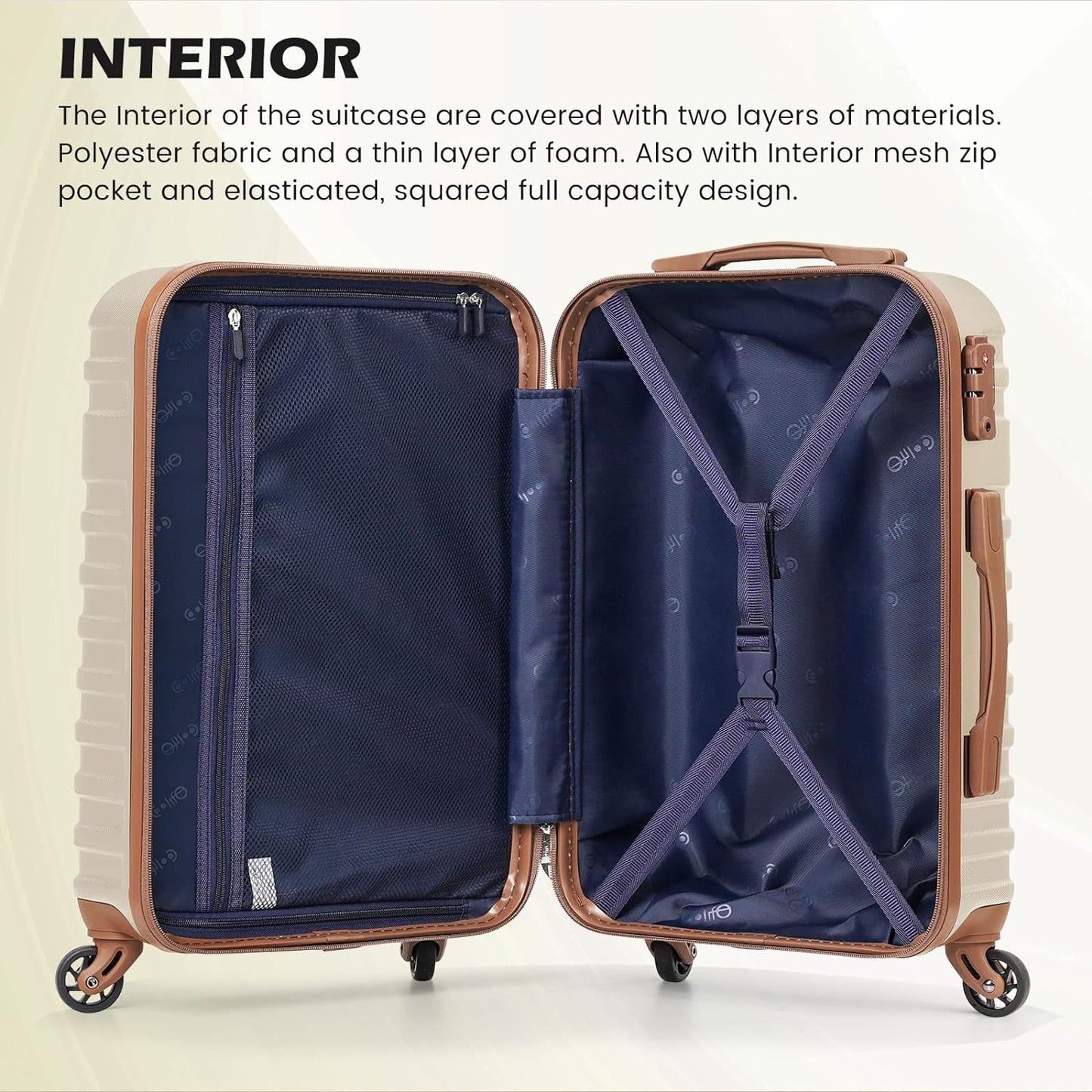 COOLIFE Suitcase Trolley Carry On Hand Cabin Luggage Hard Shell Travel Bag Lightweight with TSA Lock,The Suitcase Included 1pcs Travel Bag and 1pcs Toiletry Bag (White/Brown, 24 Inch Luggage Set)