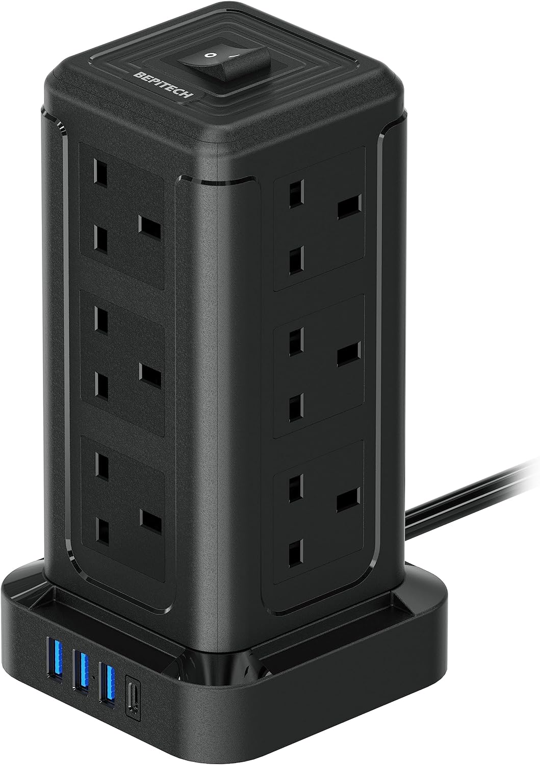 BEPiTECH 3-Meter Power Extension Cord Tower,12 Power Sockets 2500W suitable for big plugs with 4 Smart USB Slots Charging Station, Surge Protector Heavy Duty Power Strip for Office & Home Desktop