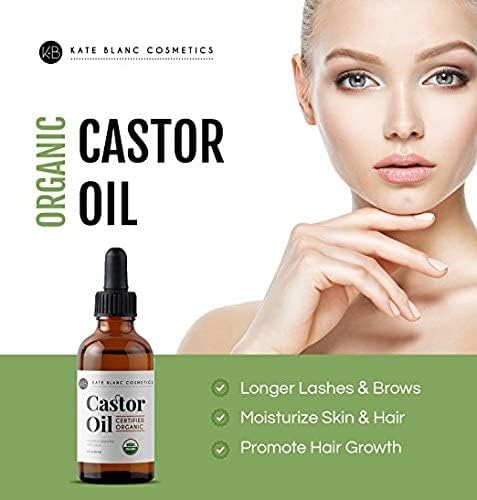 Castor Oil (2oz) USDA Certified Organic, 100% Pure, Cold Pressed, Hexane Free by Kate Blanc. Stimulate Growth for Eyelashes, Eyebrows, Hair. Lash Growth Serum. Brow Treatment. FREE Mascara Starter Kit