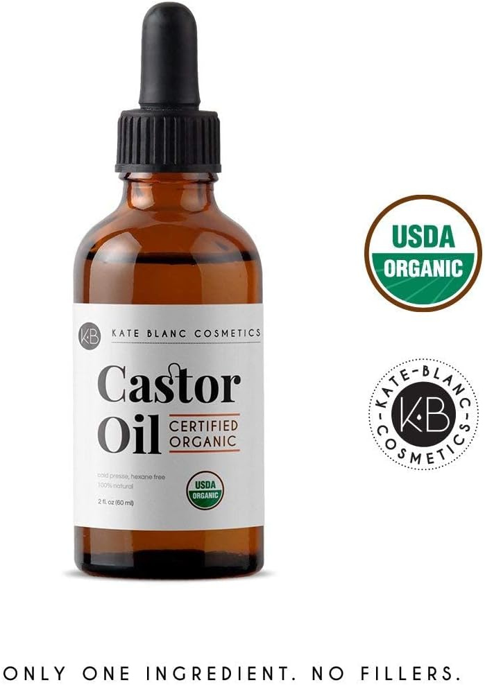 Castor Oil (2oz) USDA Certified Organic, 100% Pure, Cold Pressed, Hexane Free by Kate Blanc. Stimulate Growth for Eyelashes, Eyebrows, Hair. Lash Growth Serum. Brow Treatment. FREE Mascara Starter Kit