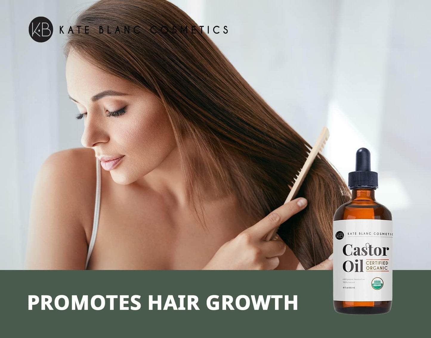 Castor Oil (2oz) USDA Certified Organic, 100% Pure, Cold Pressed, Hexane Free by Kate Blanc. Stimulate Growth for Eyelashes, Eyebrows, Hair. Lash Growth Serum. Brow Treatment. FREE Mascara Starter Kit