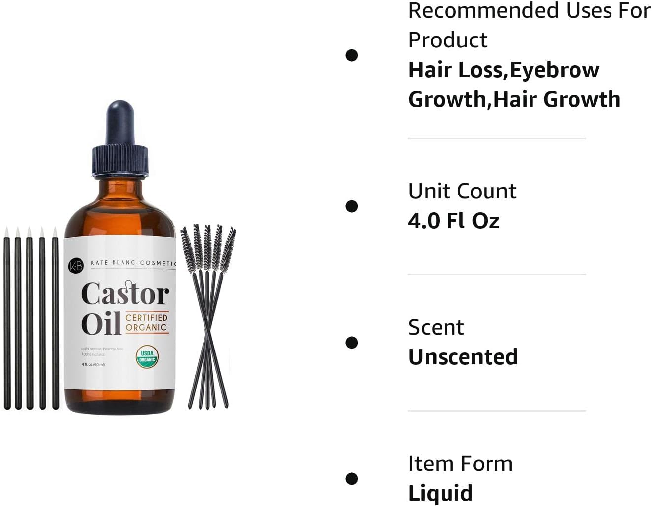 Castor Oil (2oz) USDA Certified Organic, 100% Pure, Cold Pressed, Hexane Free by Kate Blanc. Stimulate Growth for Eyelashes, Eyebrows, Hair. Lash Growth Serum. Brow Treatment. FREE Mascara Starter Kit
