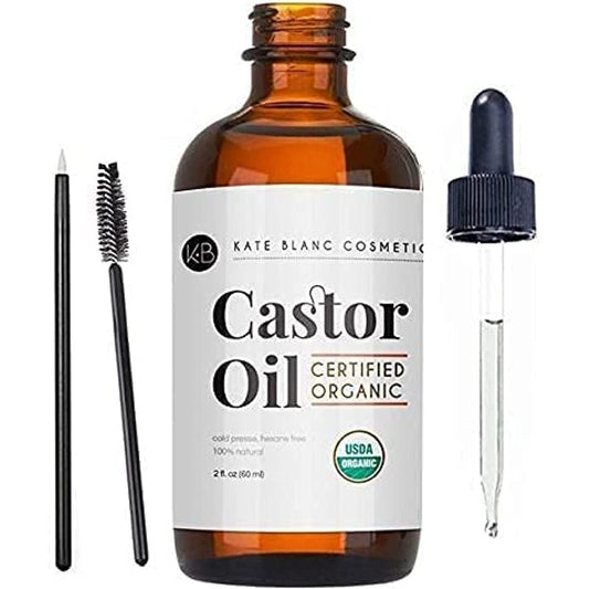 Castor Oil (2oz) USDA Certified Organic, 100% Pure, Cold Pressed, Hexane Free by Kate Blanc. Stimulate Growth for Eyelashes, Eyebrows, Hair. Lash Growth Serum. Brow Treatment. FREE Mascara Starter Kit