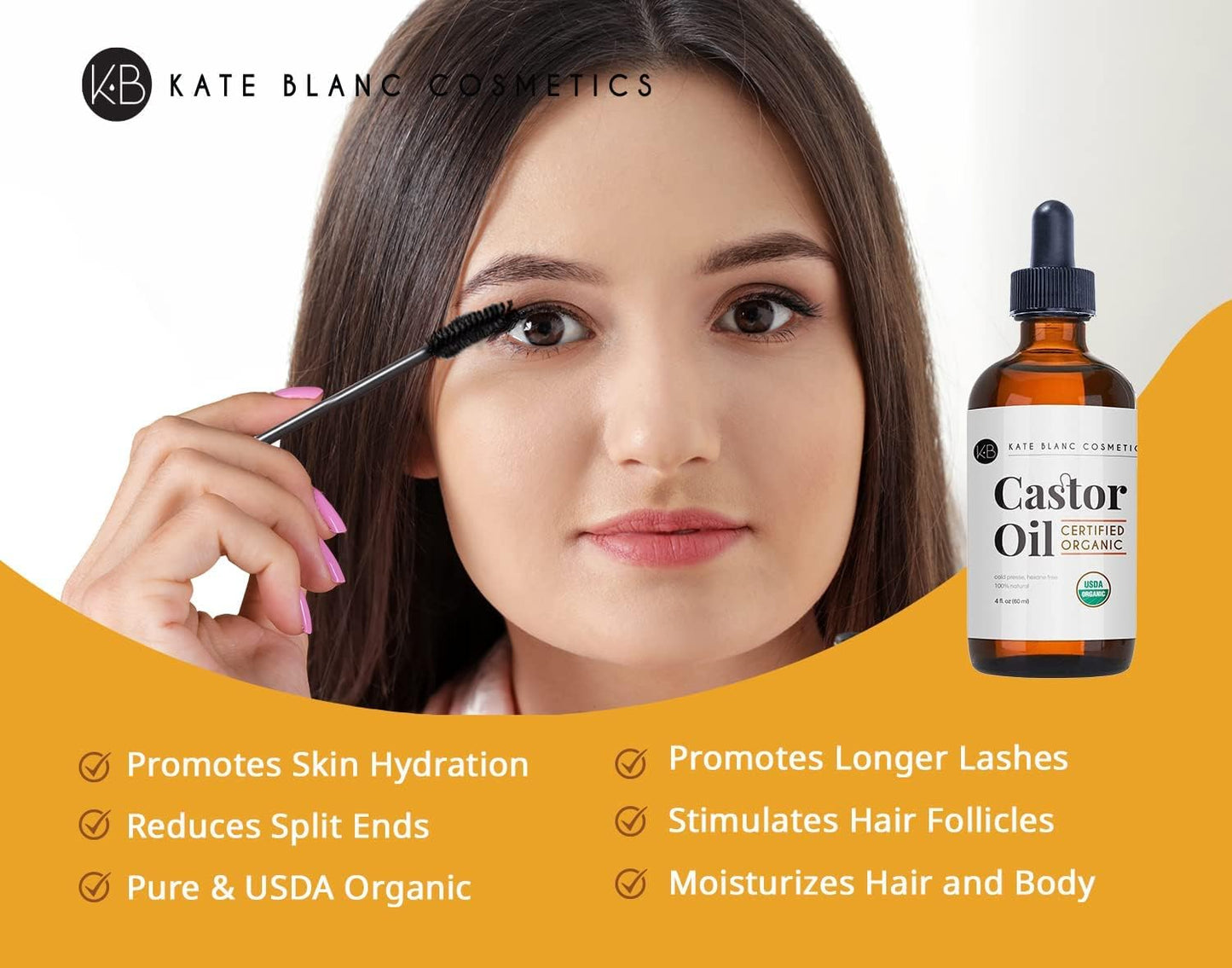 Castor Oil (2oz) USDA Certified Organic, 100% Pure, Cold Pressed, Hexane Free by Kate Blanc. Stimulate Growth for Eyelashes, Eyebrows, Hair. Lash Growth Serum. Brow Treatment. FREE Mascara Starter Kit