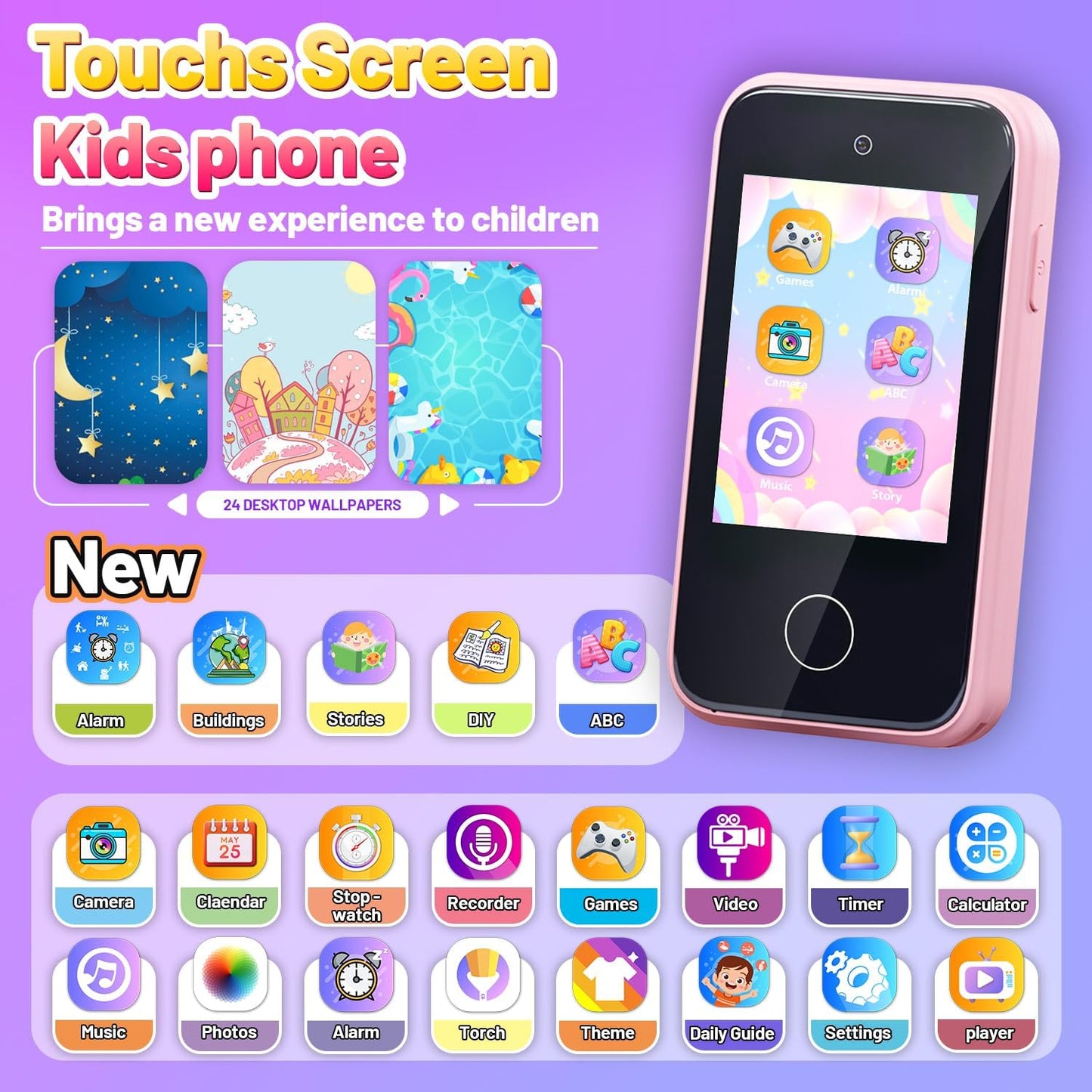 Kids Smart Phone Toys for Girls Ages 3-7 with Dual Camera - Toddler Phone Toys with Learning Games, Travel Toys with MP3 Music Player for Birthday Gifts for 3 4 5 6 7 Year Old Kids (Pink1)