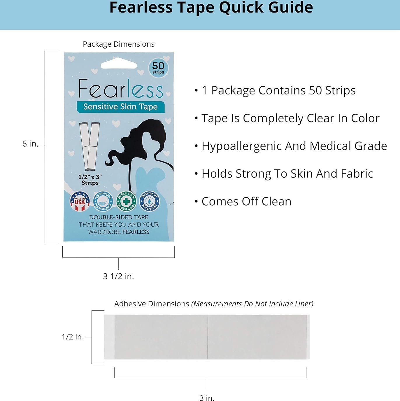 Fearless Tape - Womens Double Sided Tape for Clothing and Body, Transparent Clear Color for All.