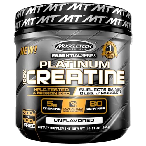 Creatine Monohydrate Powder MuscleTech Platinum Pure Micronized Muscle Recovery + Builder for Men & Women Workout Supplements Unflavored (80 Servings)