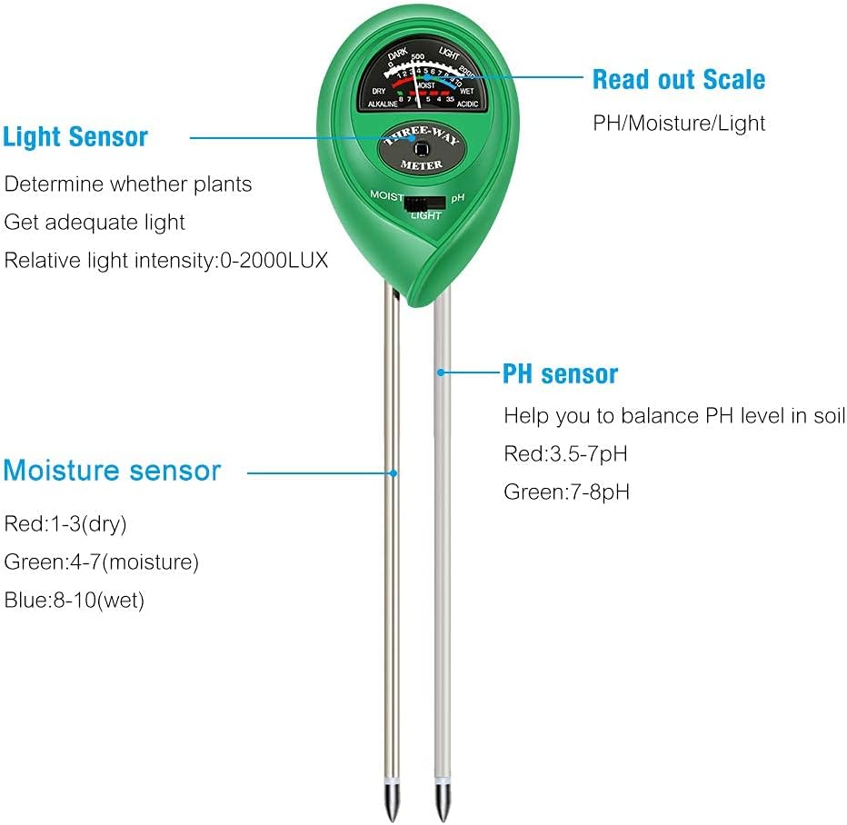 SKY-TOUCH Soil pH Meter 3 in 1 Soil Moisture/Light/pH Gardening Test Tool Test for Garden Farm Lawn Indoor and Outdoor (No Battery Needed)