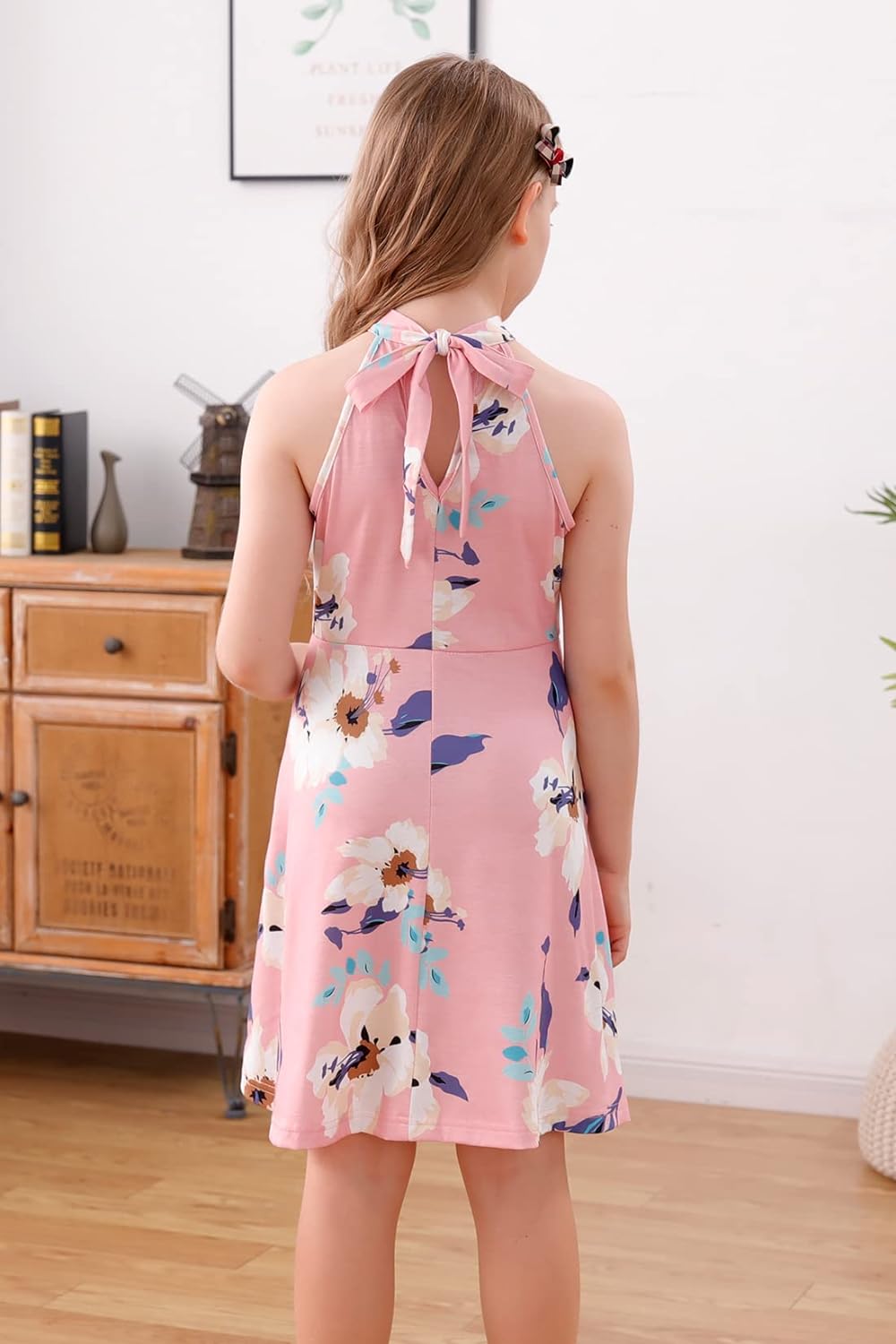 GORLYA Girl's Halter Neck Cold Shoulder Sleeveless Summer Casual Sundress A-line Dress with Pockets for 4-14T Kids