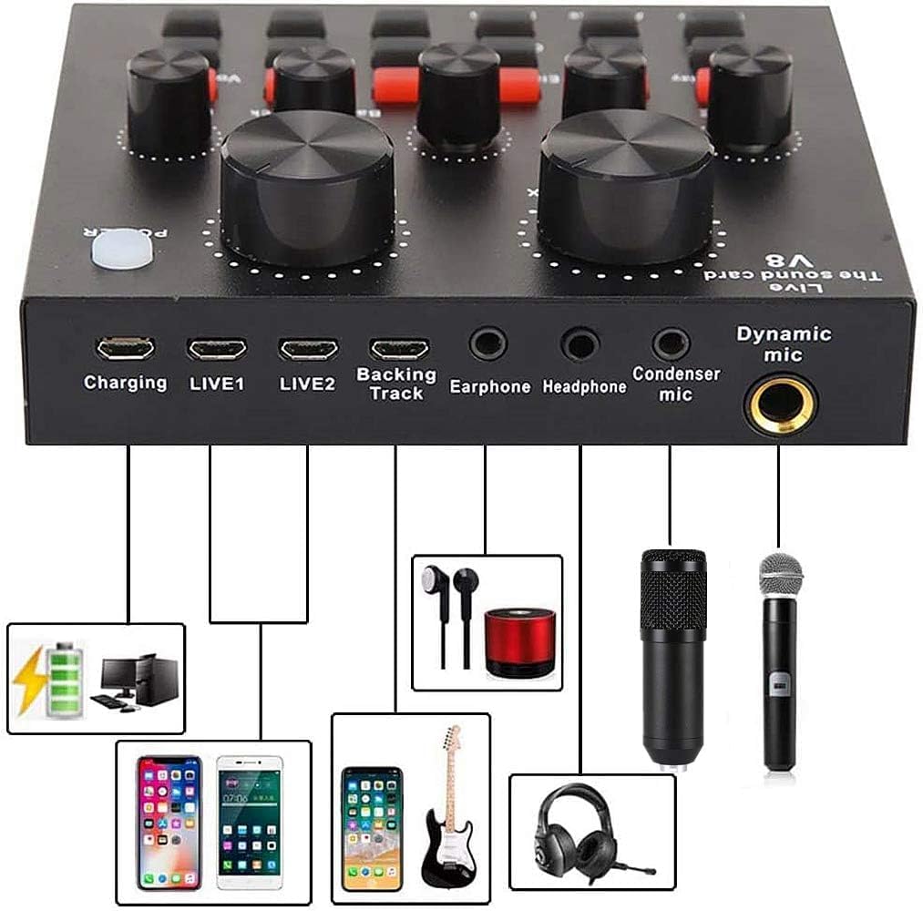 SKTEET Podcast Equipment Bundle, with BM800 Podcast Microphone and V8 Sound Card, Voice Changer - Audio Interface -Perfect for Recording, Singing, Streaming and Gaming (V8-Black), SK01