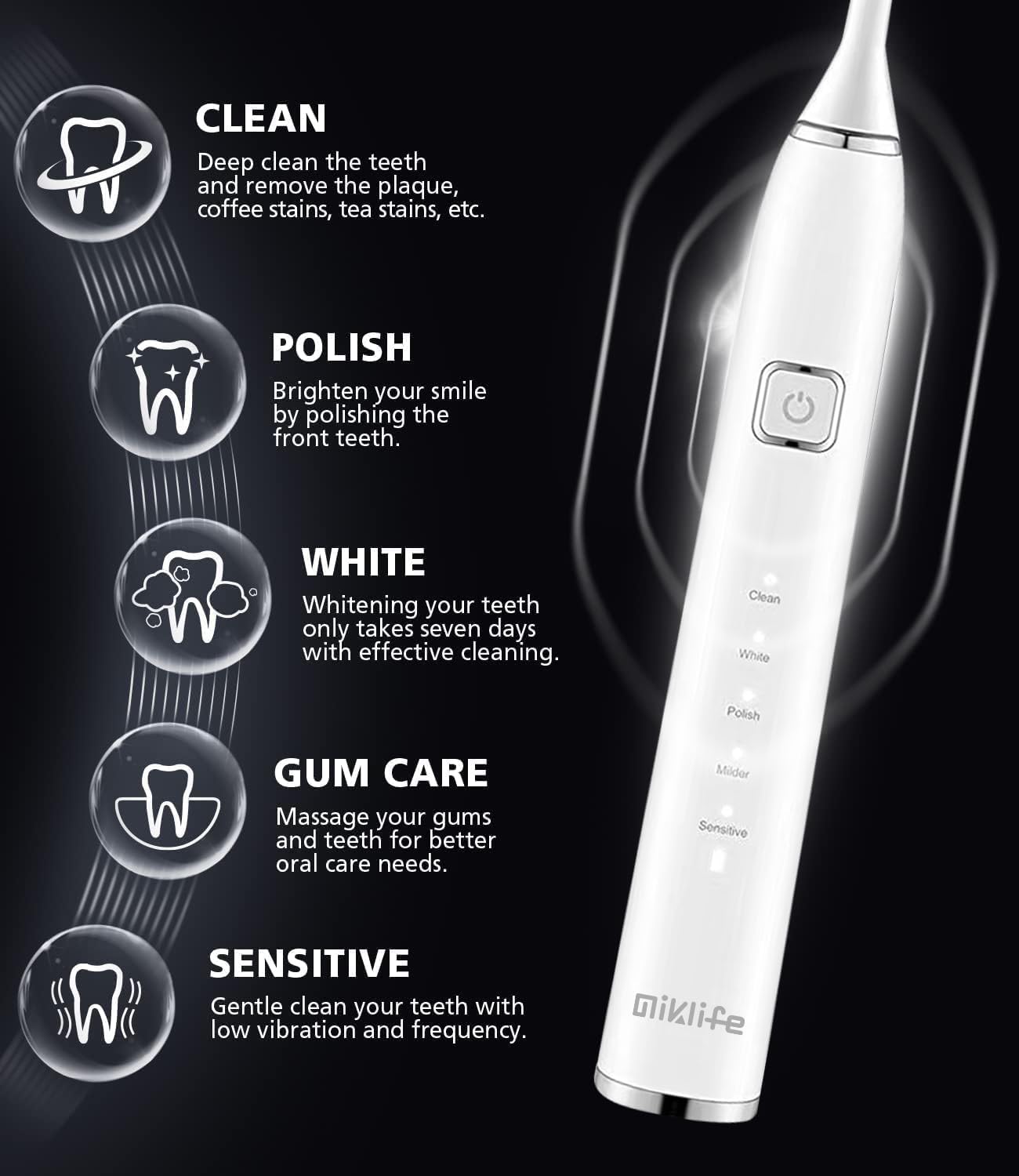 MIKLIFE Sonic Electric Toothbrush 5 Modes Rechargeable Power Smart Toothbrush Cleaner With 3 Brush Heads For Adults Black