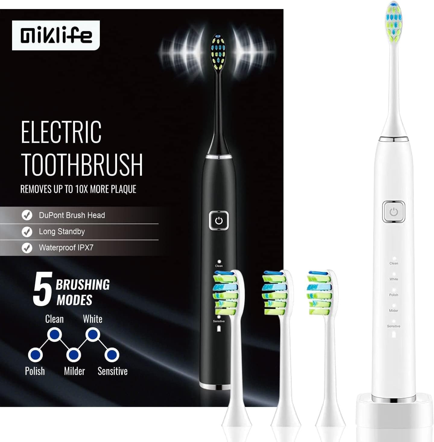 MIKLIFE Sonic Electric Toothbrush 5 Modes Rechargeable Power Smart Toothbrush Cleaner With 3 Brush Heads For Adults Black