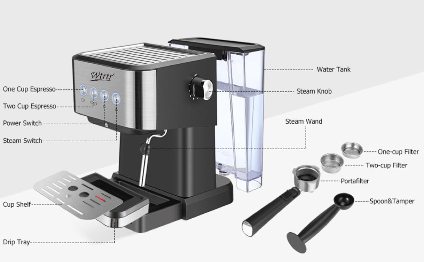 Wtrtr Espresso Machine Coffee, Professional Espresso Maker with Milk Frother Steam Wand,Espresso Manual Coffee Machines，Cappuccino& Latte Macchiato Coffee Maker