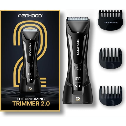 MENHOOD Battery Powered WaterProof Cordless Grooming Trimmer 2.0 for Men, with 4000k LED light & Power Status Display, Wireless Charging Support, Sensitive Skin Technology,150Min Runtime