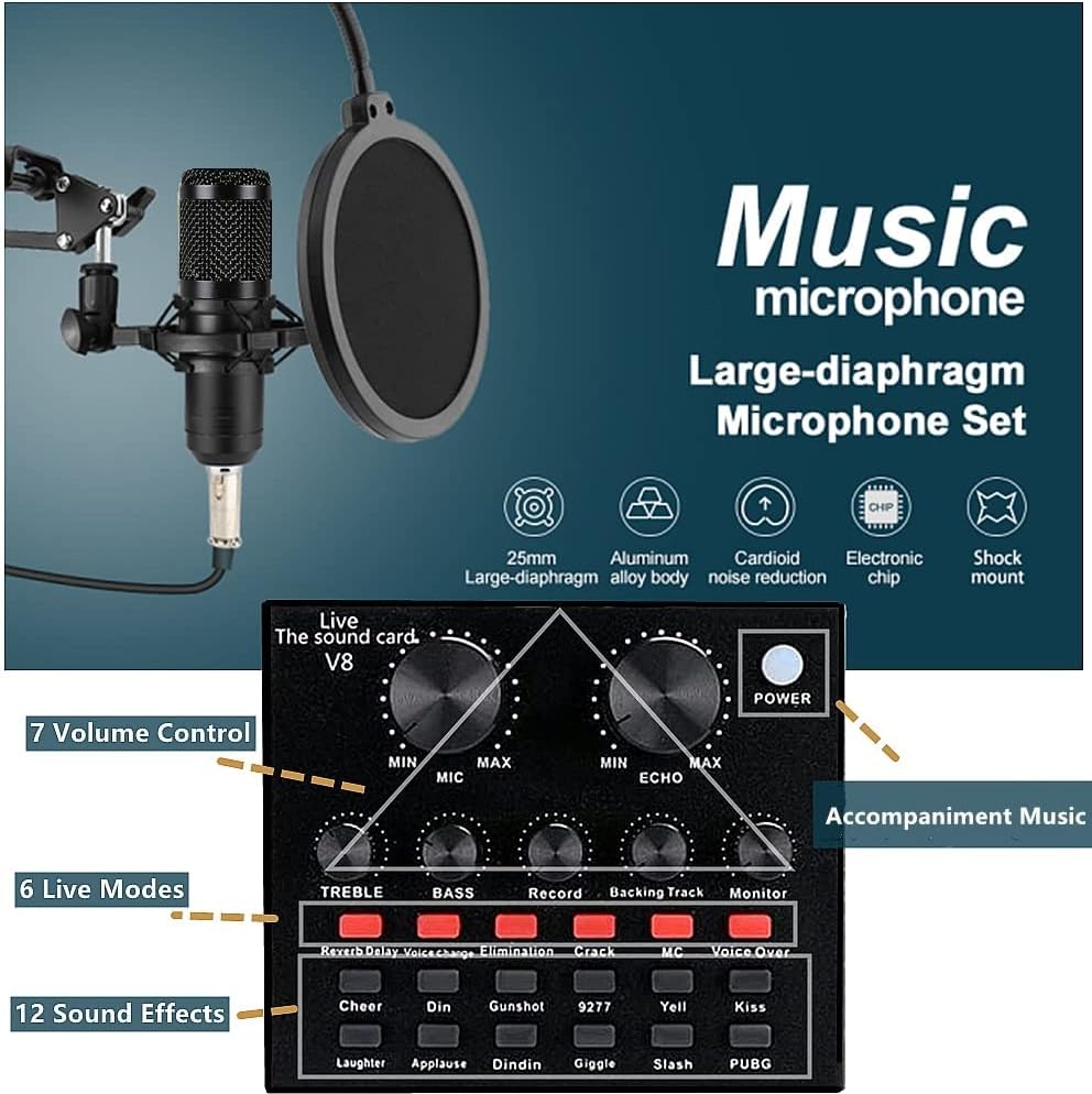 SKTEET Podcast Equipment Bundle, with BM800 Podcast Microphone and V8 Sound Card, Voice Changer - Audio Interface -Perfect for Recording, Singing, Streaming and Gaming (V8-Black), SK01