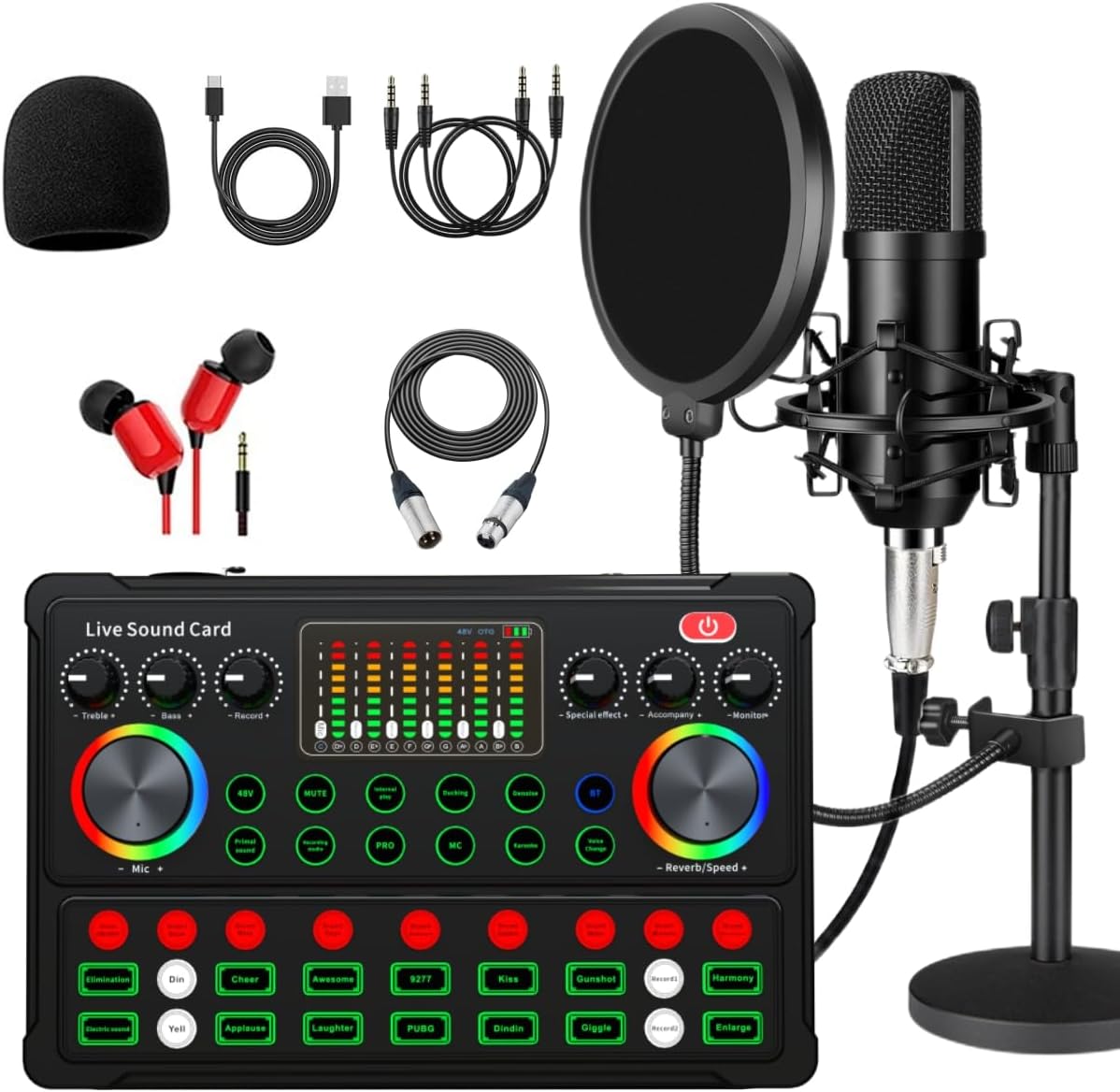 SKTEET Podcast Equipment Bundle, with BM800 Podcast Microphone and V8 Sound Card, Voice Changer - Audio Interface -Perfect for Recording, Singing, Streaming and Gaming (V8-Black), SK01