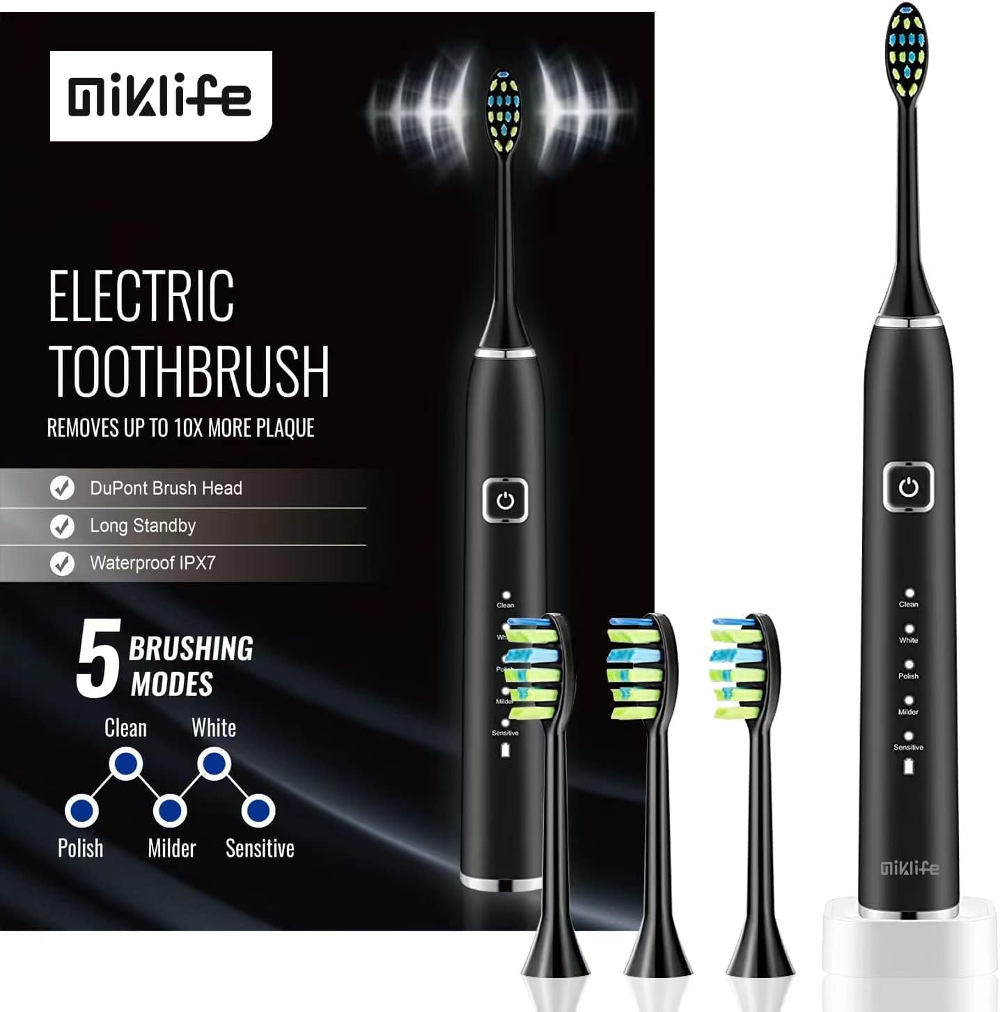 MIKLIFE Sonic Electric Toothbrush 5 Modes Rechargeable Power Smart Toothbrush Cleaner With 3 Brush Heads For Adults Black