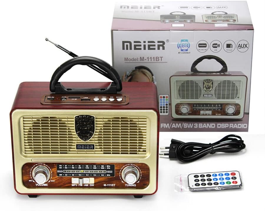 showkah® MEIER M-111BT Portable Antique Radio Nostalgic Wooden Retro FM Radio With AM | FM | SW Band Frequency, USB | SD | TF Card Slot, AUX and Bluetooth Remote Modern Feature Vintage Radio (White)