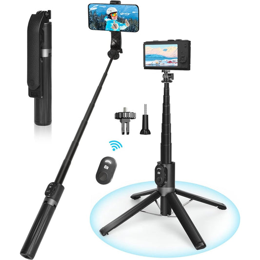 Eocean Selfie Stick Tripod,140cm Extendable Phone Tripod Stand for iPhone/Android Phone, Travel Tripod with Rechargeable Remote & Camera Connector Kit, Portable and Compact