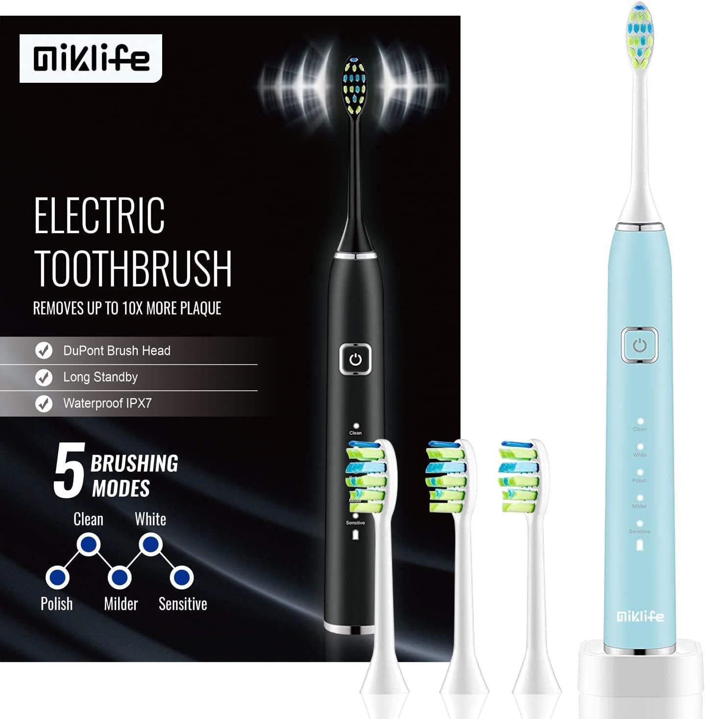 MIKLIFE Sonic Electric Toothbrush 5 Modes Rechargeable Power Smart Toothbrush Cleaner With 3 Brush Heads For Adults Black