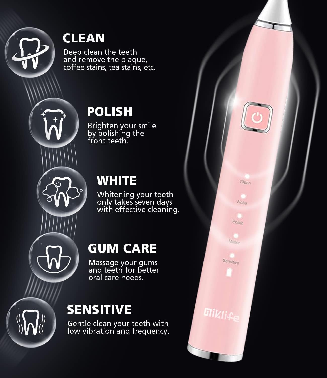 MIKLIFE Sonic Electric Toothbrush 5 Modes Rechargeable Power Smart Toothbrush Cleaner With 3 Brush Heads For Adults Black