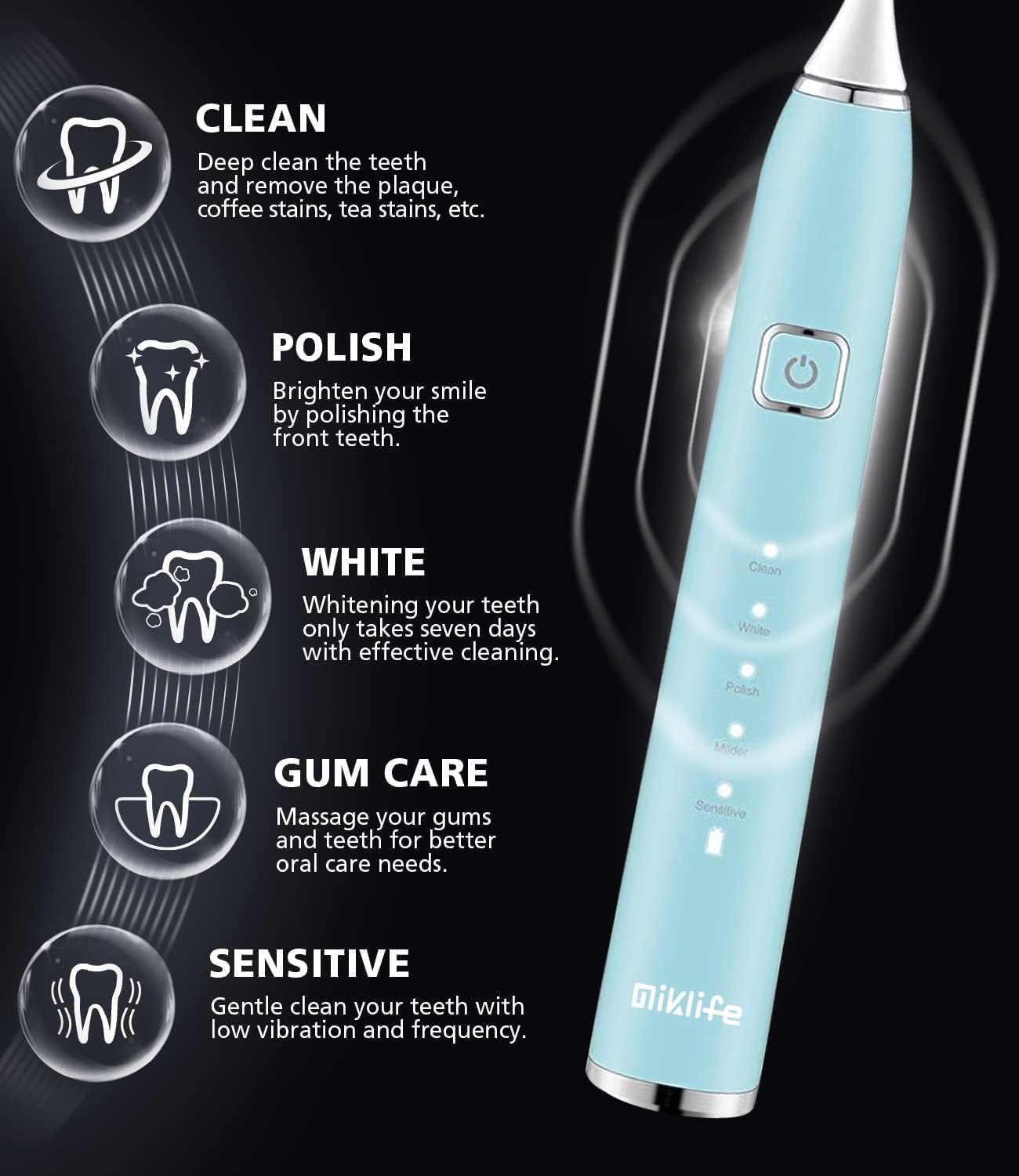 MIKLIFE Sonic Electric Toothbrush 5 Modes Rechargeable Power Smart Toothbrush Cleaner With 3 Brush Heads For Adults Black