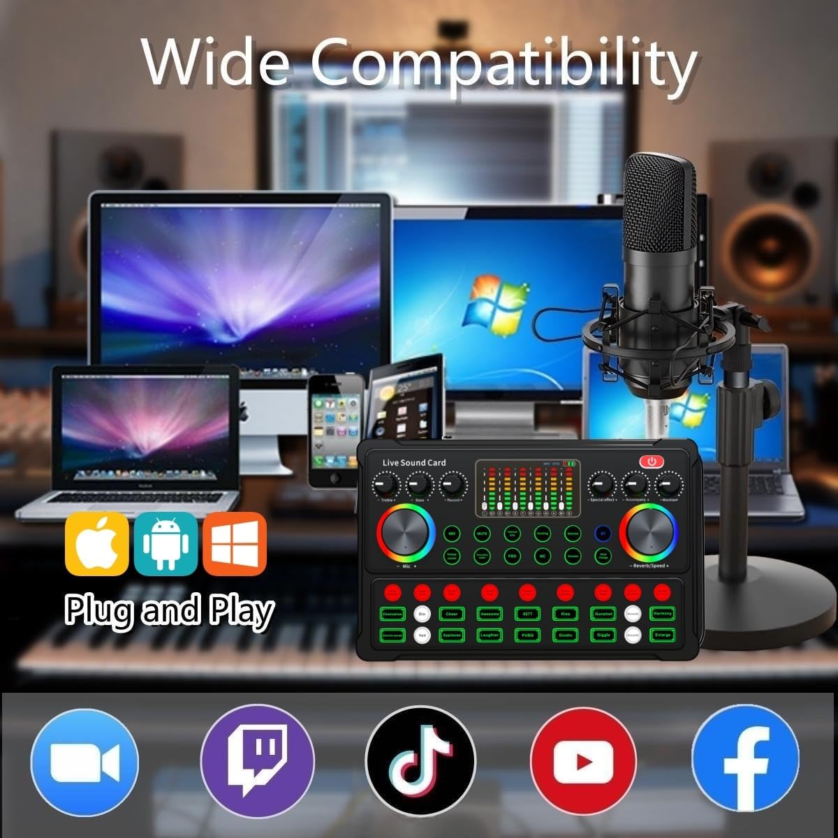 SKTEET Podcast Equipment Bundle, with BM800 Podcast Microphone and V8 Sound Card, Voice Changer - Audio Interface -Perfect for Recording, Singing, Streaming and Gaming (V8-Black), SK01