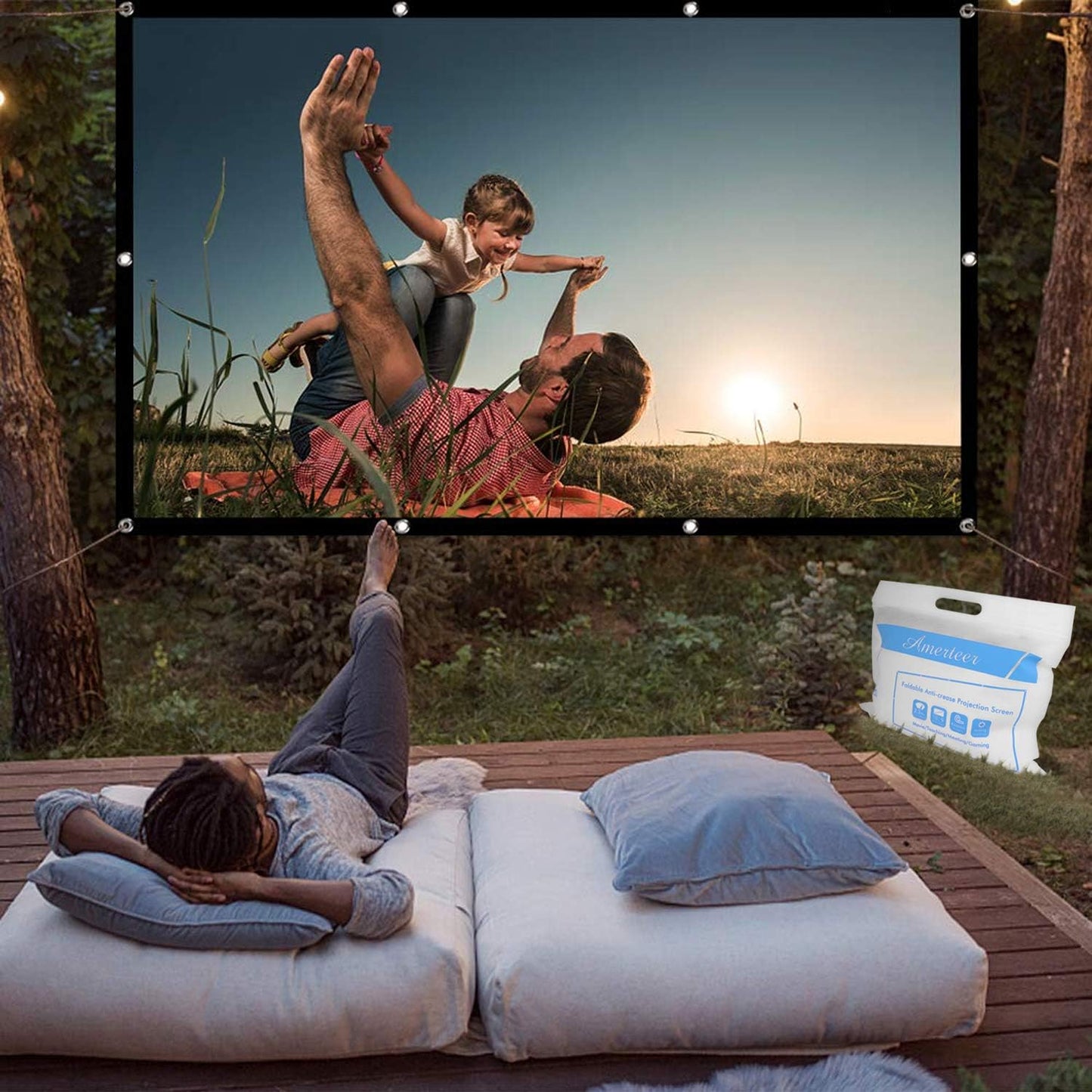 AMERTEER Projector Screen | Screen Projector Outdoor | Outdoor, Indoor, Backyard Projector Screen | Rollup Projector Screen with 16 Hooks and 2 Long Ropes-1 Pack 72 inches Foldable Projection Screen