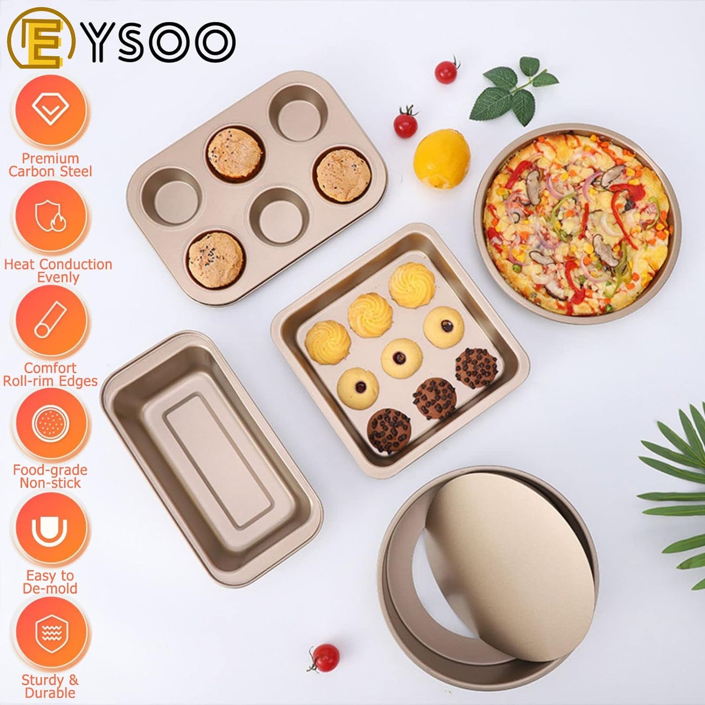 EYSOO Nonstick Bakeware Set 7 Pcs Baking Pans Set- Pizza Tray, Round/Square Pans, Loaf Pan, 6-Cup Muffin Pan Carbon Steel Baking Trays Oven Trays for Bakers Beginners with Rack & Cotton Gloves