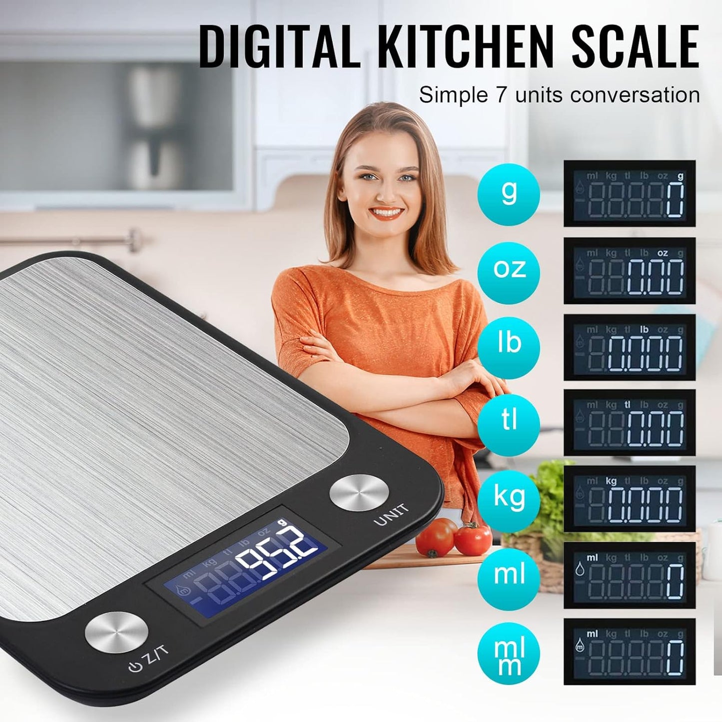 SKY-TOUCH Digital Kitchen Scale Multifunction Food Scale, Touch Button, Ultra Slim with Large LCD Display, 11lb/5kg, 22lb/5kg, Stainless Steel (Batteries Included) (10000g/1g)