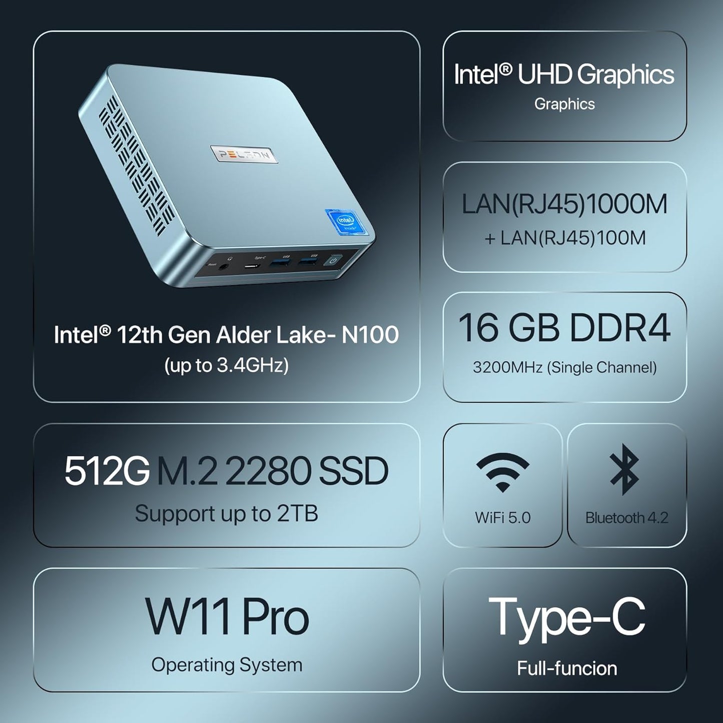 PELADN WI-6 Pro Mini PC, Intel 12th Gen Alder Lake- N100(up to 3.4GHz), 16GB DDR4 RAM 512GB M.2 PCIe SSD, Desktop Computer Support 4K Dual Display/USB3.2/WiFi 5/BT4.2/Win 11 Pro