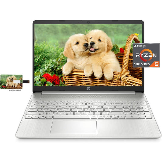 Newest HP 15 Business Laptop, AMD Ryzen 5 5500U, 15.6 inch FHD Display, 12GB RAM, 512GB SSD, Wi-Fi 5, Bluetooth, Webcam, Windows 10 Pro | 32GB Tela USB Card, Silver (15-ef2127wm)
