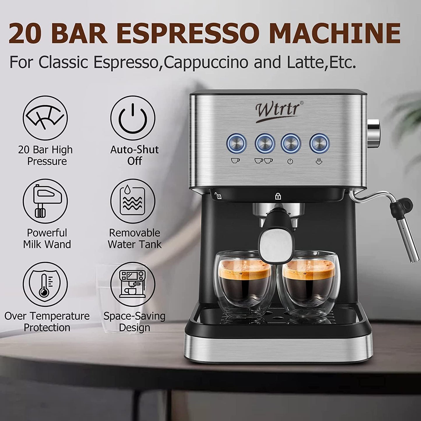 Wtrtr Espresso Machine Coffee, Professional Espresso Maker with Milk Frother Steam Wand,Espresso Manual Coffee Machines，Cappuccino& Latte Macchiato Coffee Maker