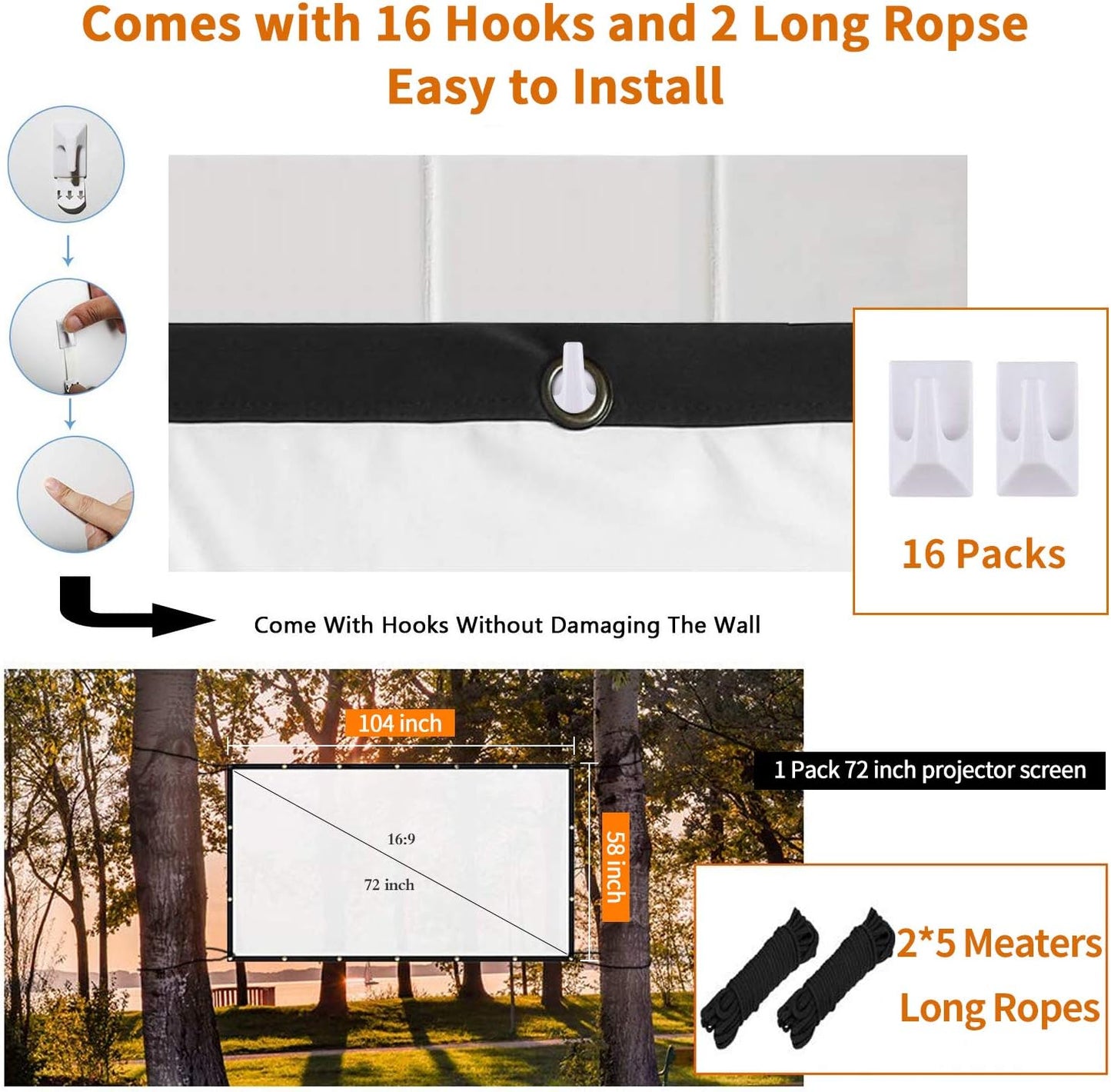 AMERTEER Projector Screen | Screen Projector Outdoor | Outdoor, Indoor, Backyard Projector Screen | Rollup Projector Screen with 16 Hooks and 2 Long Ropes-1 Pack 72 inches Foldable Projection Screen