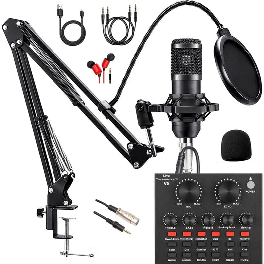 SKTEET Podcast Equipment Bundle, with BM800 Podcast Microphone and V8 Sound Card, Voice Changer - Audio Interface -Perfect for Recording, Singing, Streaming and Gaming (V8-Black), SK01