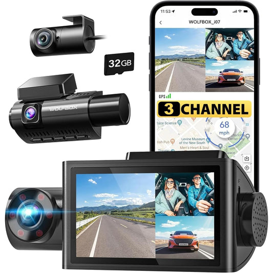 WOLFBOX i07 Dash Cam 3 Channel with WiFi GPS, 4K Dash Camera Front and Inside, 3 Way Dash Camera for Cars, 3" LCD Dash Cam Front and Rear, Super IR Night Vision, 24H Time Lapse, Support 512GB Max