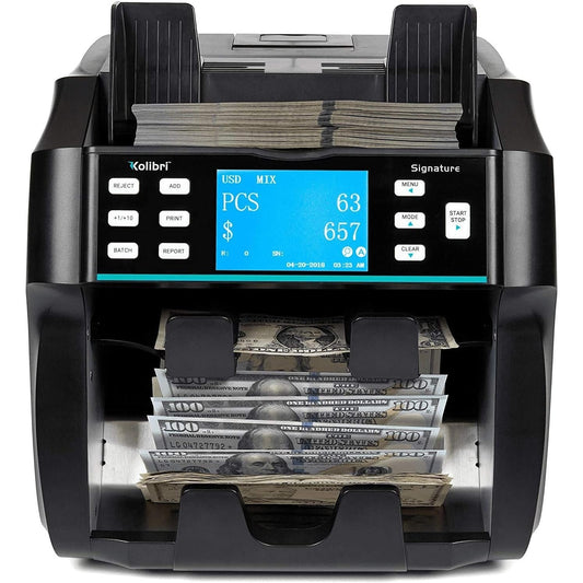Kolibri Signature 2 Pocket Bank Grade Mix Value Counter and Sorter Machine for 5 Currency (AED-USD-SAR-OMR-EUR), Counterfeit Currency Detection DUAL CIS,UV,MG IR. Updated UAE (5-10-50-500-1000)