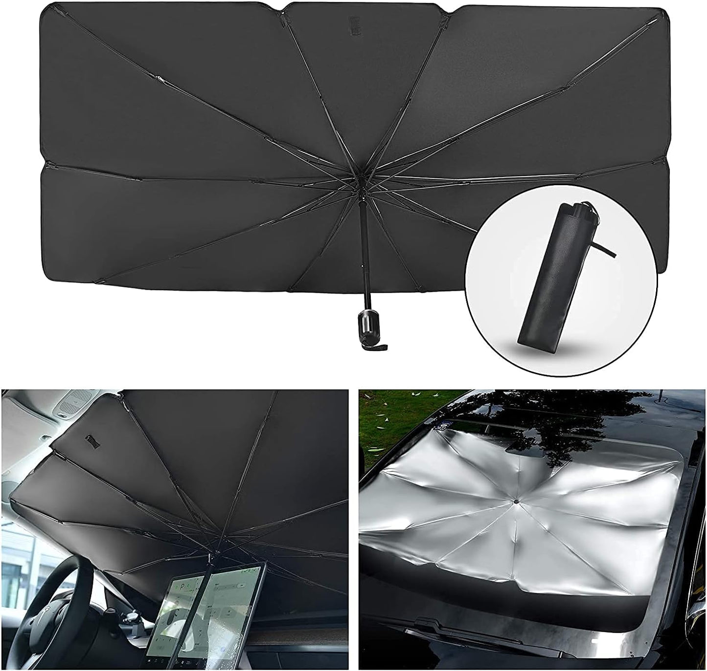 Enew Car Sun Shade,for Car Front Windshield, Car Umbrella Sun Shade Cover, Foldable UV Reflector And Heat, Sunshade for Cars, Fits Most Vans SUVS (57 x 31 In), Black