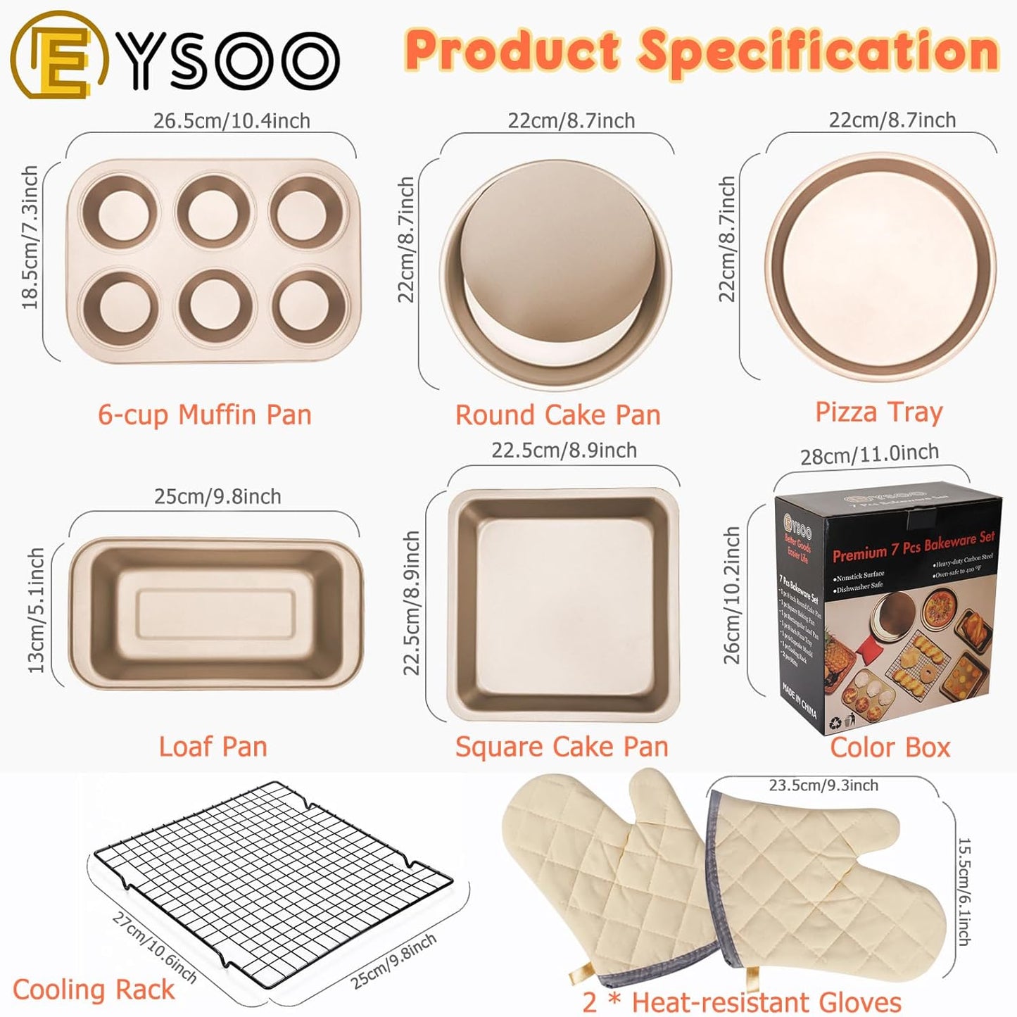 EYSOO Nonstick Bakeware Set 7 Pcs Baking Pans Set- Pizza Tray, Round/Square Pans, Loaf Pan, 6-Cup Muffin Pan Carbon Steel Baking Trays Oven Trays for Bakers Beginners with Rack & Cotton Gloves