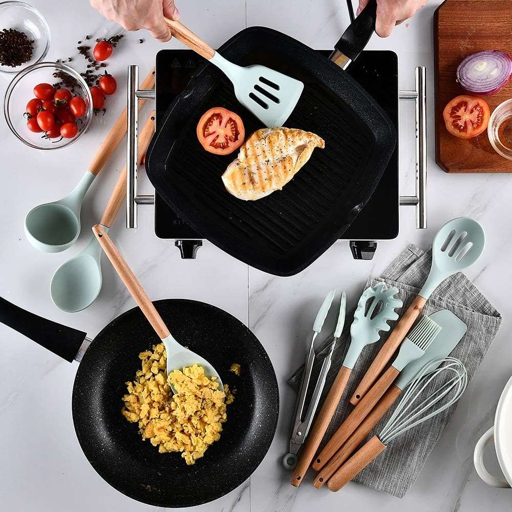 "ComCreate" Silicone Cooking Kitchen 11PCS Wooden Utensils Tool for Nonstick Cookware,Cooking Utensils Set with Bamboo Wood Handles for Nonstick Cookware，Non Toxic Turner Tongs Spatula Spoon Set