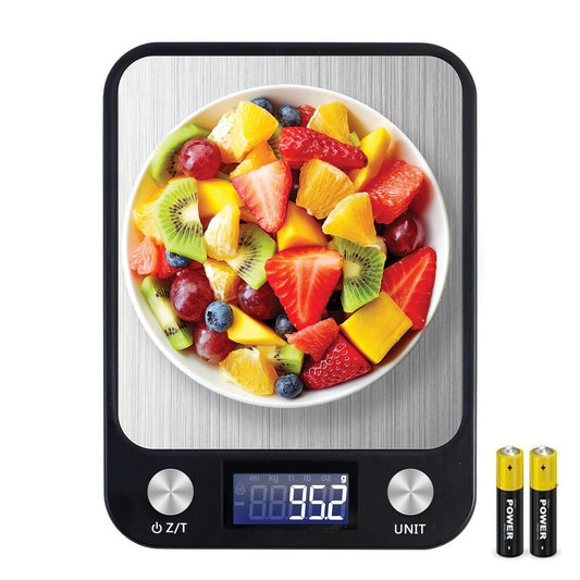 SKY-TOUCH Digital Kitchen Scale Multifunction Food Scale, Touch Button, Ultra Slim with Large LCD Display, 11lb/5kg, 22lb/5kg, Stainless Steel (Batteries Included) (10000g/1g)