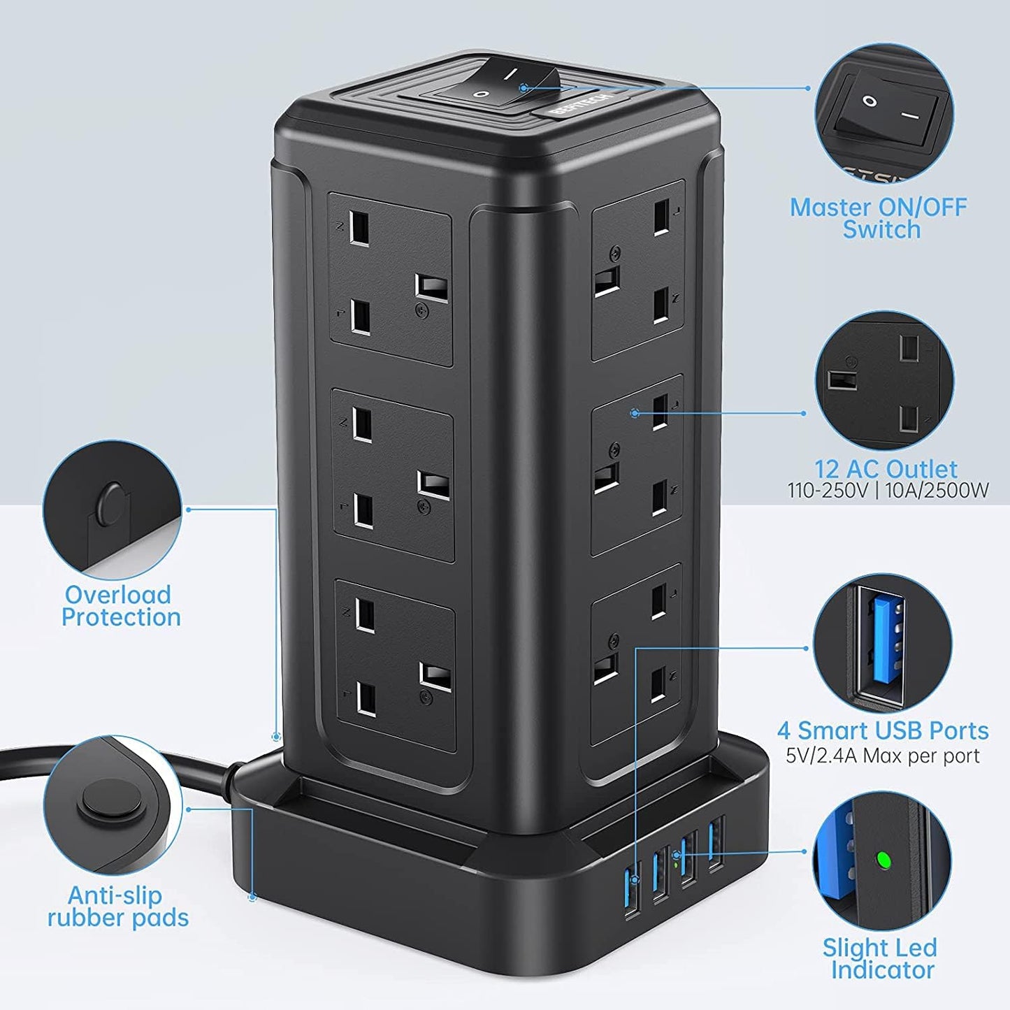 BEPiTECH 3-Meter Power Extension Cord Tower,12 Power Sockets 2500W suitable for big plugs with 4 Smart USB Slots Charging Station, Surge Protector Heavy Duty Power Strip for Office & Home Desktop