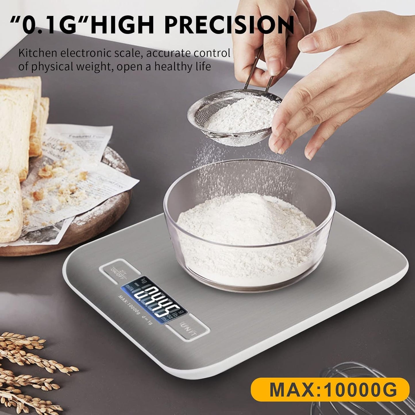 SKY-TOUCH Digital Kitchen Scale Multifunction Food Scale, Touch Button, Ultra Slim with Large LCD Display, 11lb/5kg, 22lb/5kg, Stainless Steel (Batteries Included) (10000g/1g)