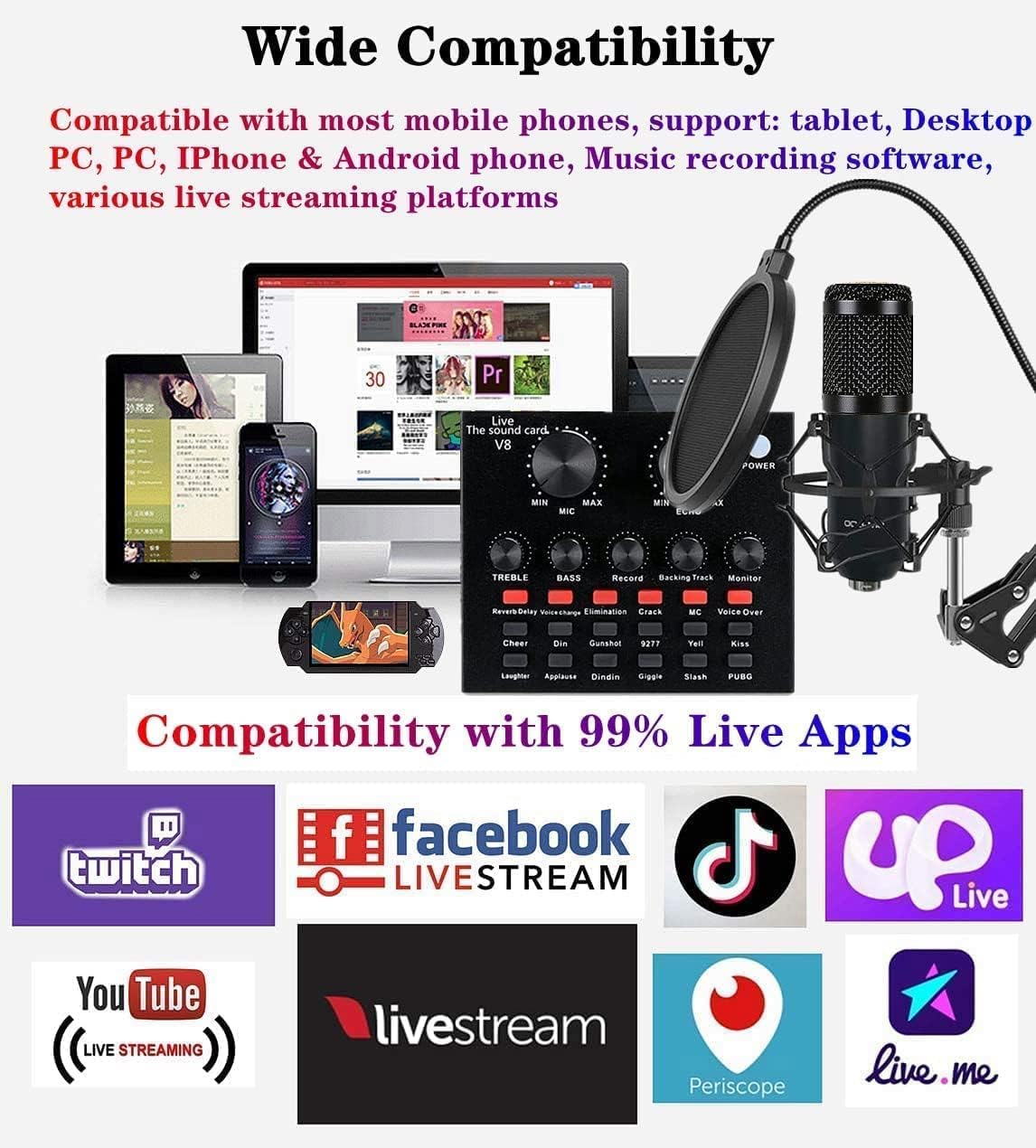 SKTEET Podcast Equipment Bundle, with BM800 Podcast Microphone and V8 Sound Card, Voice Changer - Audio Interface -Perfect for Recording, Singing, Streaming and Gaming (V8-Black), SK01