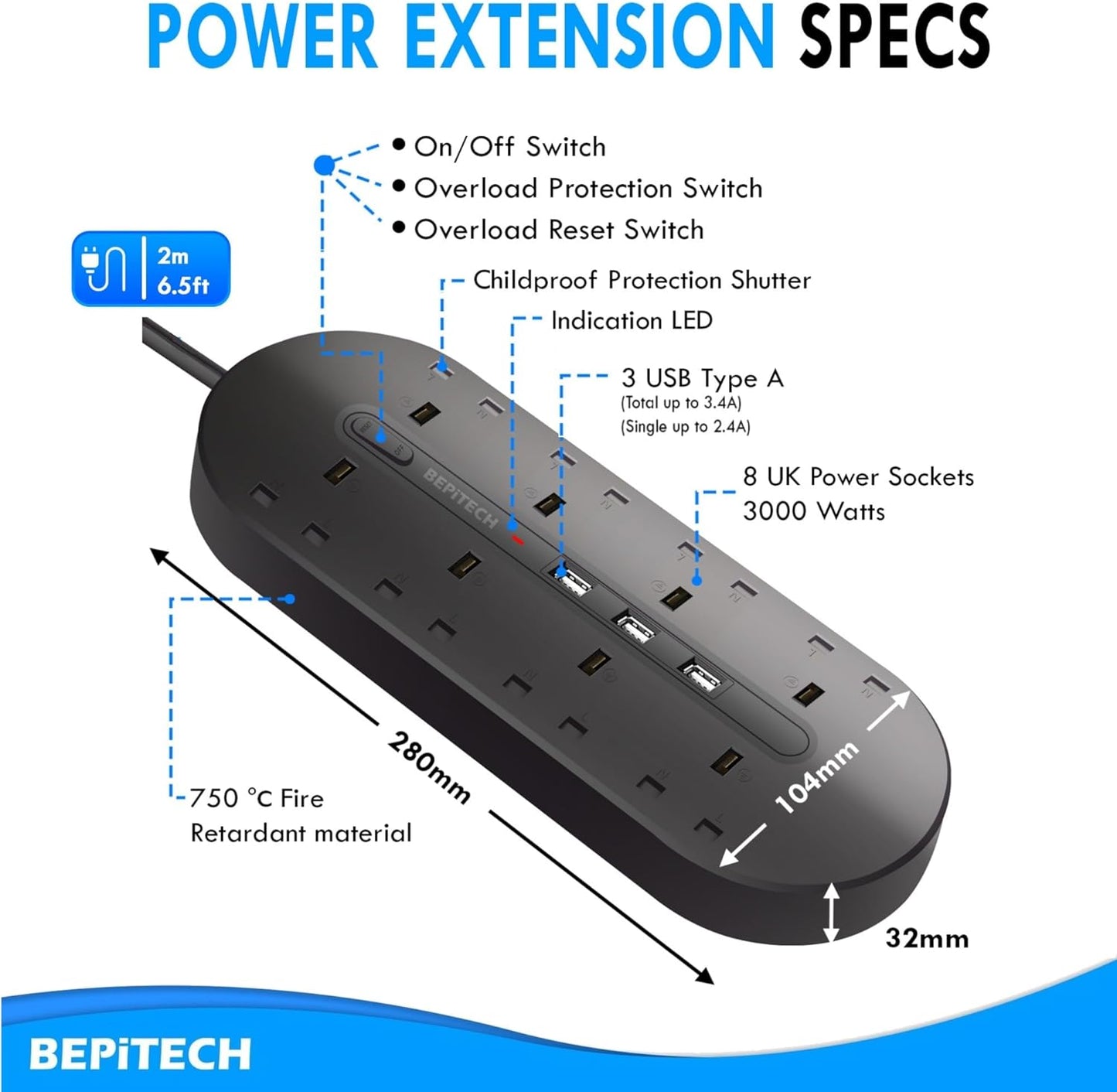 BEPiTECH 3-Meter Power Extension Cord Tower,12 Power Sockets 2500W suitable for big plugs with 4 Smart USB Slots Charging Station, Surge Protector Heavy Duty Power Strip for Office & Home Desktop