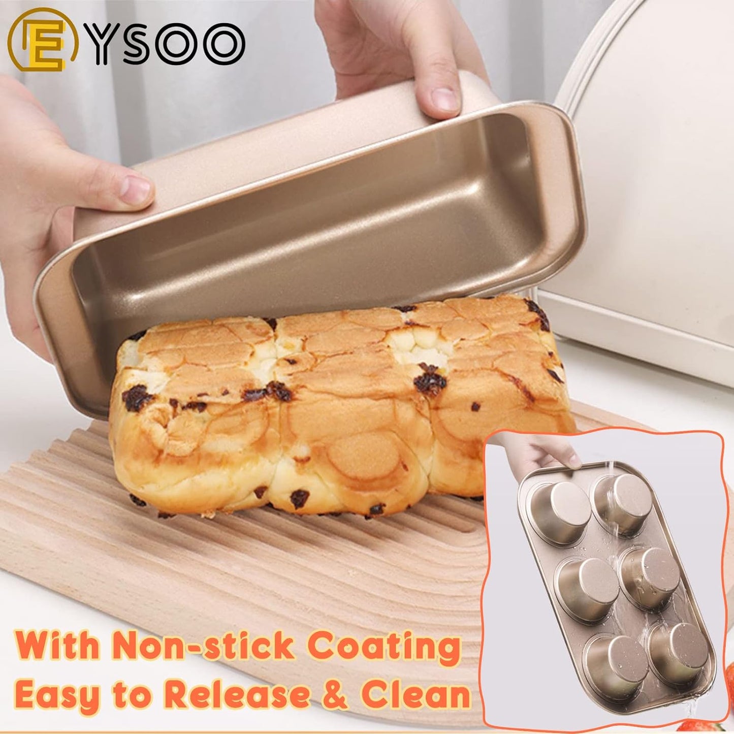 EYSOO Nonstick Bakeware Set 7 Pcs Baking Pans Set- Pizza Tray, Round/Square Pans, Loaf Pan, 6-Cup Muffin Pan Carbon Steel Baking Trays Oven Trays for Bakers Beginners with Rack & Cotton Gloves