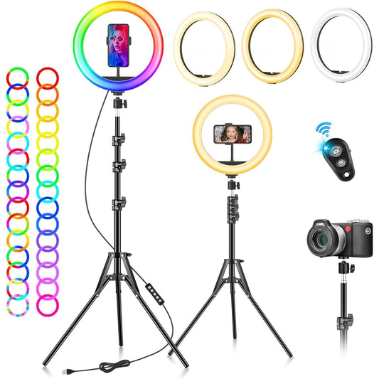 Ring Light with Tripod Stand & Phone Holder - 10 inch Selfie LED Ringlight Dimmable Desktop Lamp 40 Colors RGB Tall Circle Light for Camera Makeup Video YouTube TikTok Live Streaming Zoom Meeting